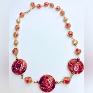 Vintage Venetian Murano art glass rust copper foil disk and round bead necklace